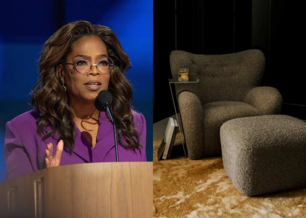 Composite image of Oprah Winfrey next to Papa Teddy Chair.