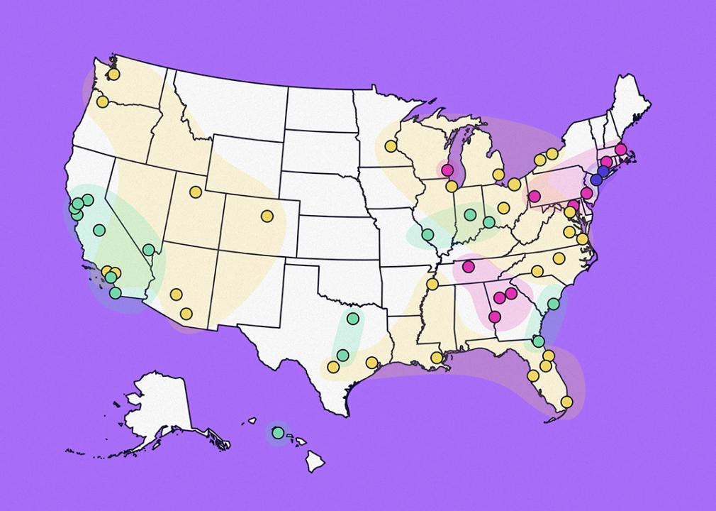 Lyft's custom illustration of the US map with colored data markers about which states are at risk of SAD.