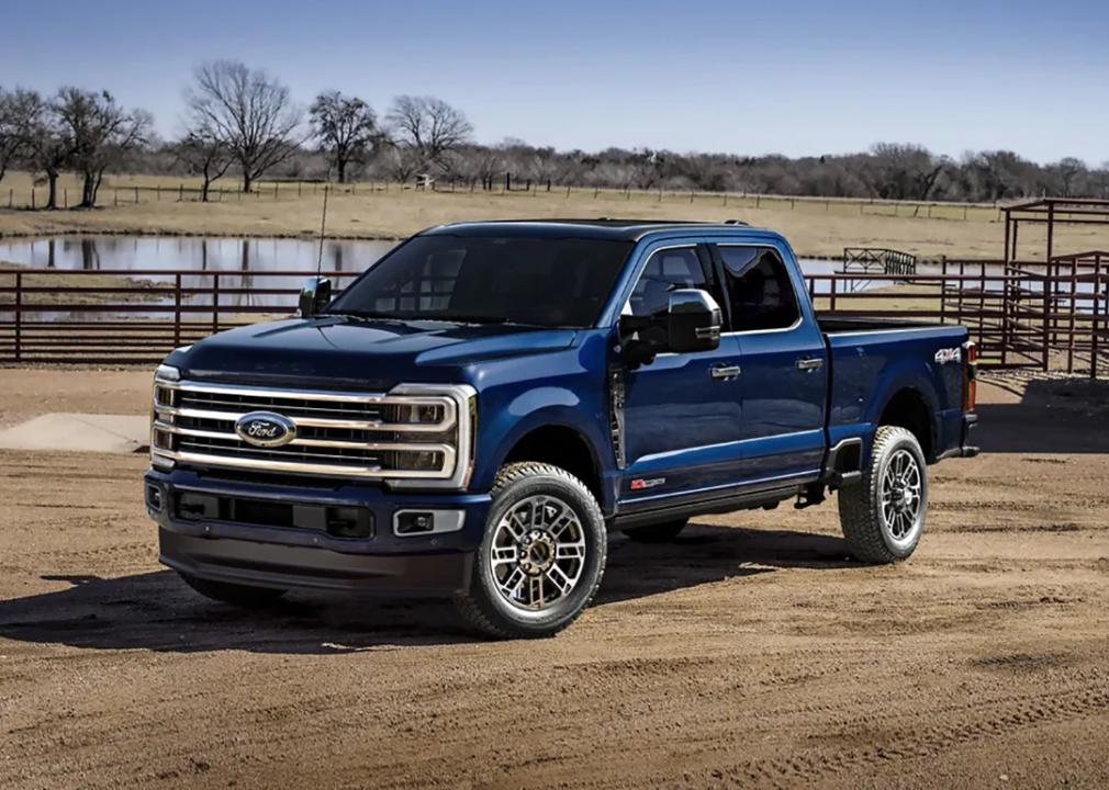 A blue 2025 Ford F-350 Super Duty displayed on a ranch.