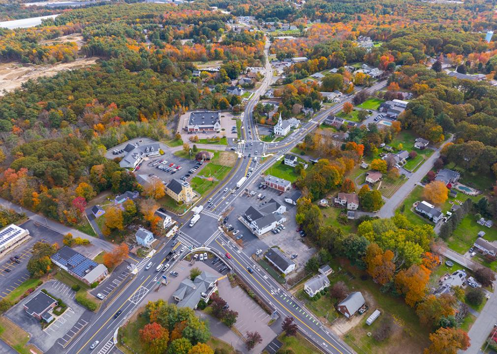 Aerial view of historic center of Bellingham, Norfolk County, Massachusetts.