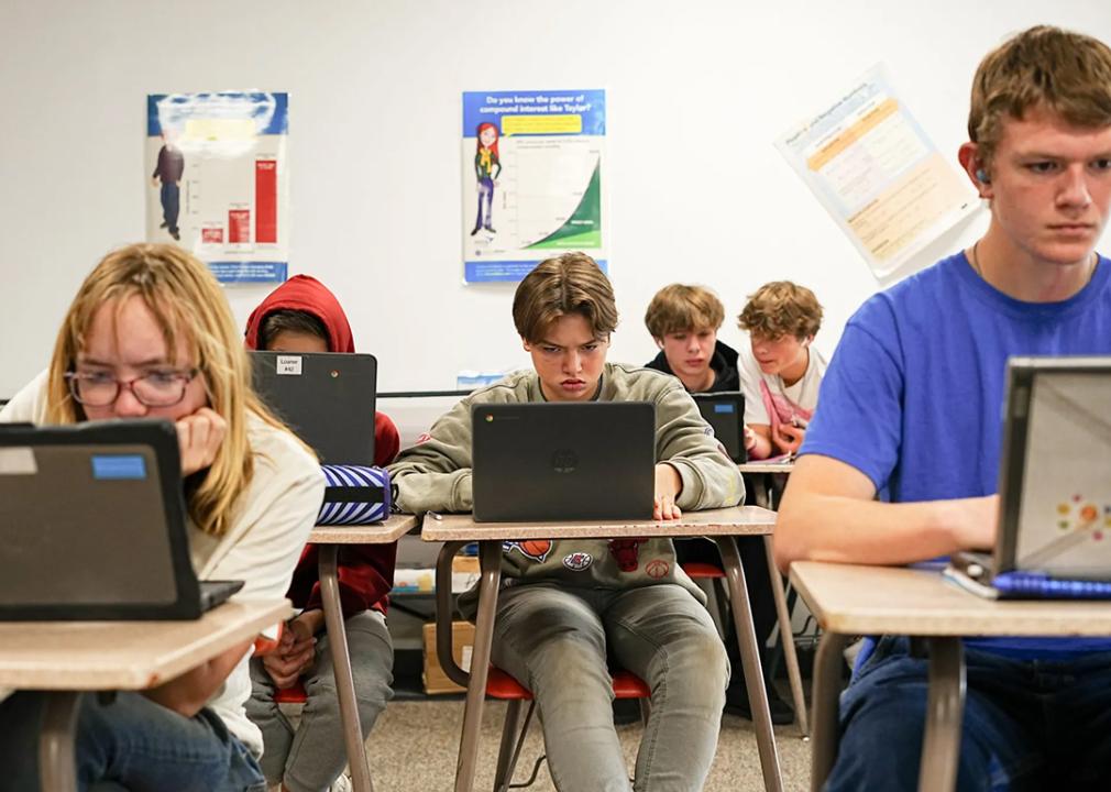 Students graph linear equations in ninth-grade algebra class at Braham Area High School in Minnesota.