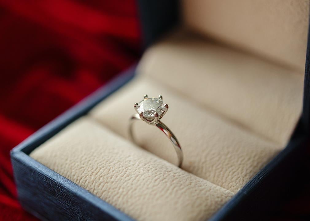 A diamond engagement ring safely kept in a jewelry box/ring holder.