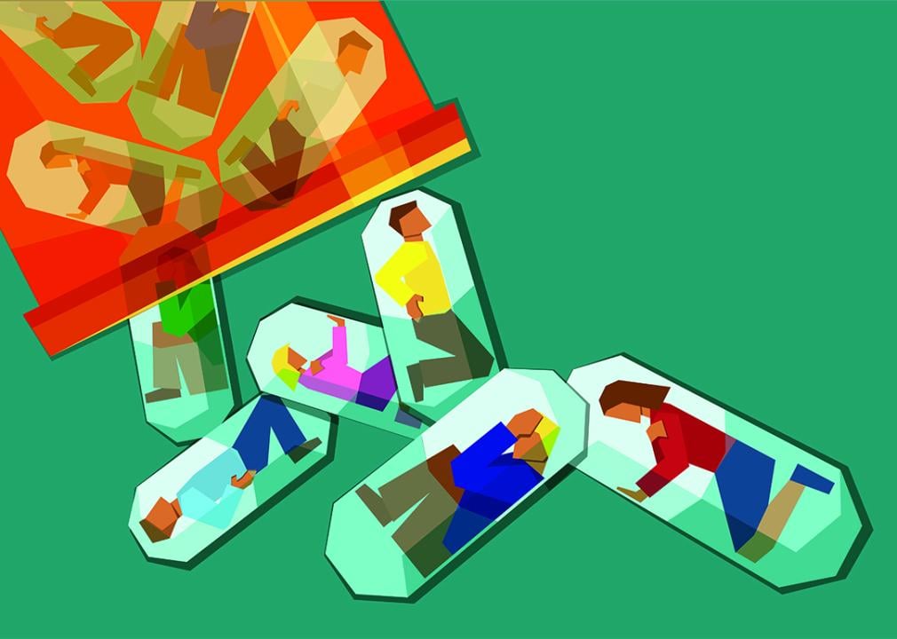 Illustration of people in pain trapped in pill capsules as a concept of addiction.