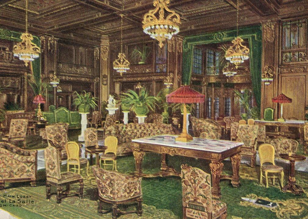 Ornate furniture in the main lobby of the Hotel La Salle, Chicago, Illinois, 1943.