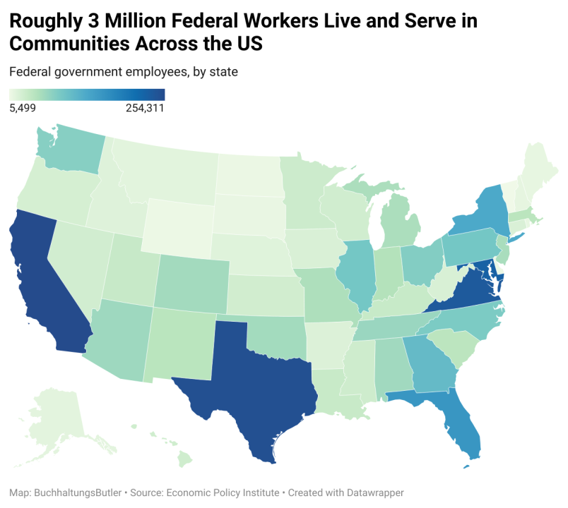 Data heatmap showing results by state how roughly 3 million federal workers live and serve in communities across the U.S.