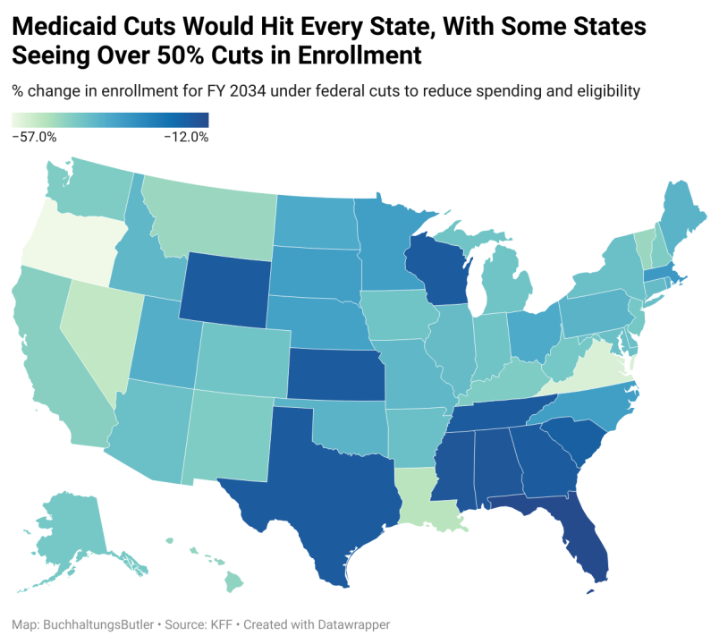 Data heatmap showing the states where Medicaid cuts would hit, with some states seeing over 50% cuts in enrollment.