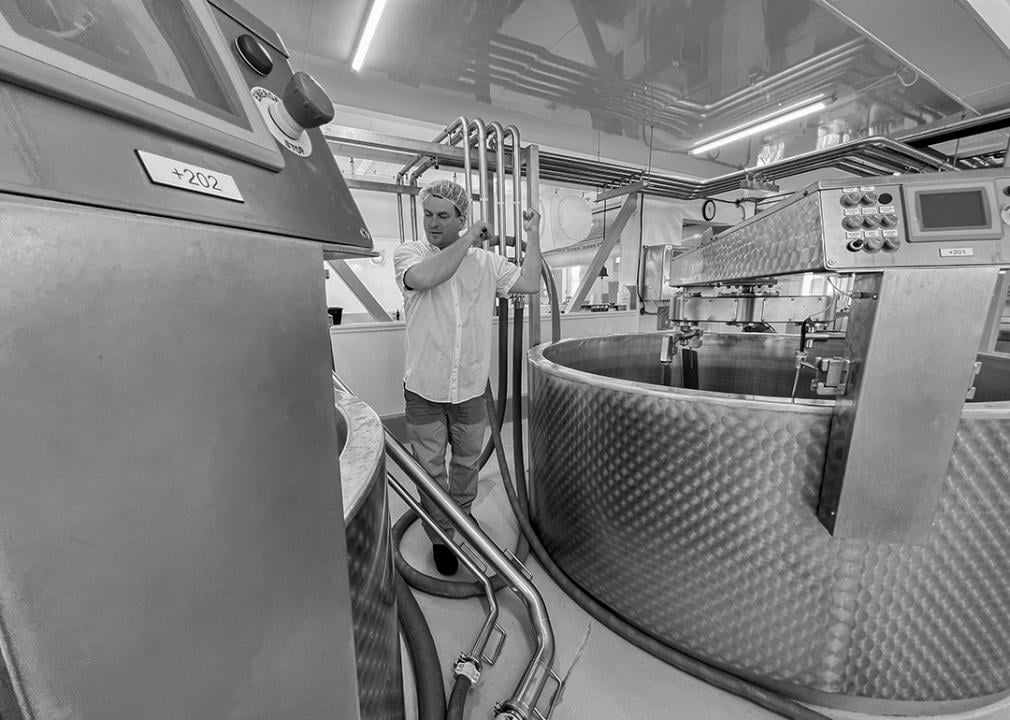 Mateo Kehler with his copper-lined cheesemaking vats.