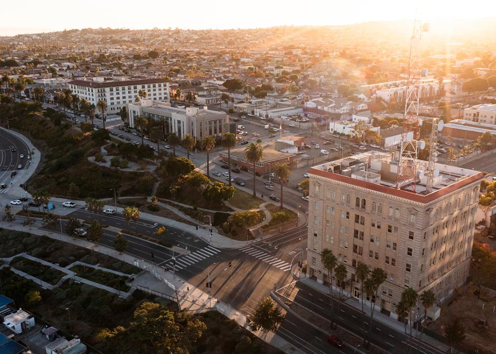 Aerial view of downtown San Pedro, Los Angeles during sunset.