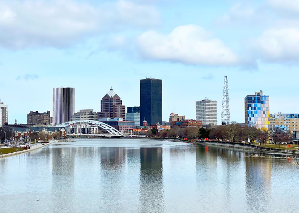 A distant view of the Rochester skyline in New York.