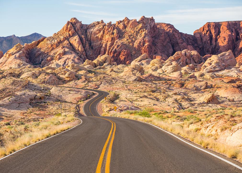 A sunny view of the Valley of Fire State Park in Nevada.