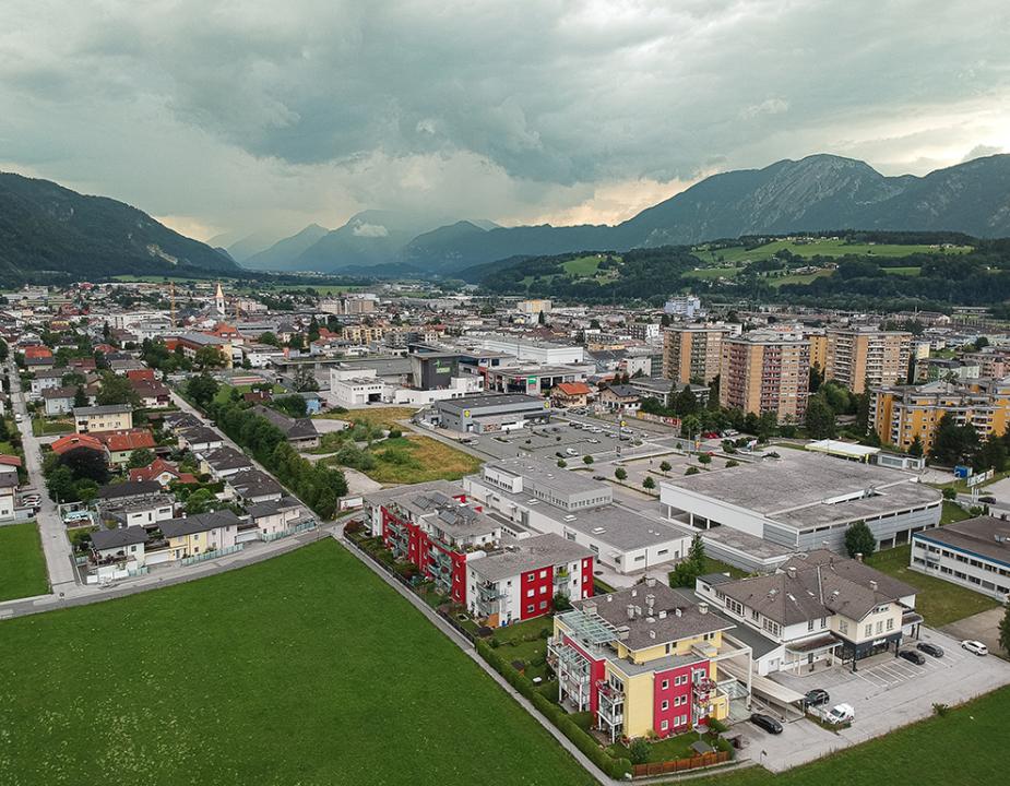 Aerial view of the city of Wörgl in Tirol.