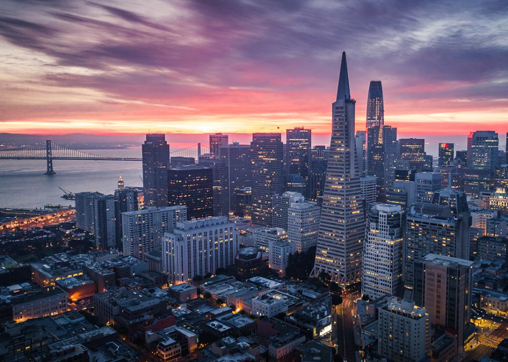 Aerial view of San Francisco skyline in California during sunrise.