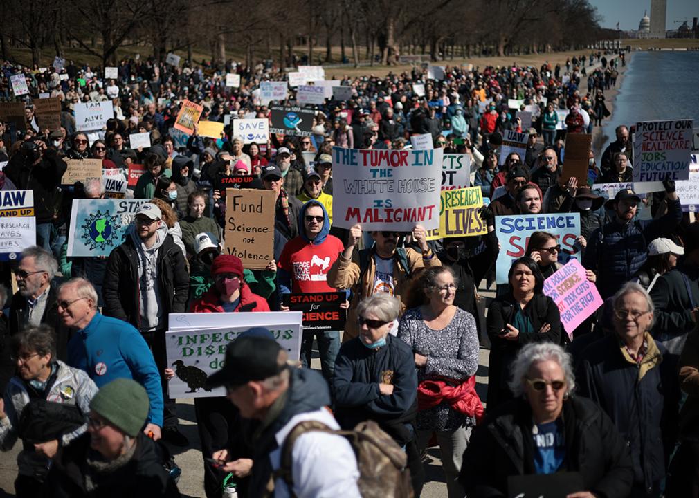 Activists participate in the Stand Up for Science 2025 rally at the Lincoln Memorial on March 7, 2025 in Washington, DC.