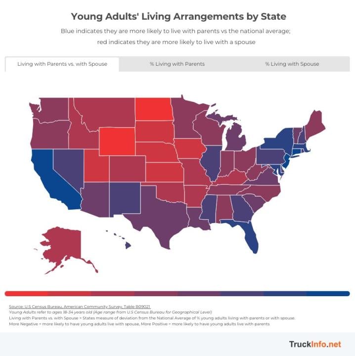 Map showing where adults were more likely to live with parents.