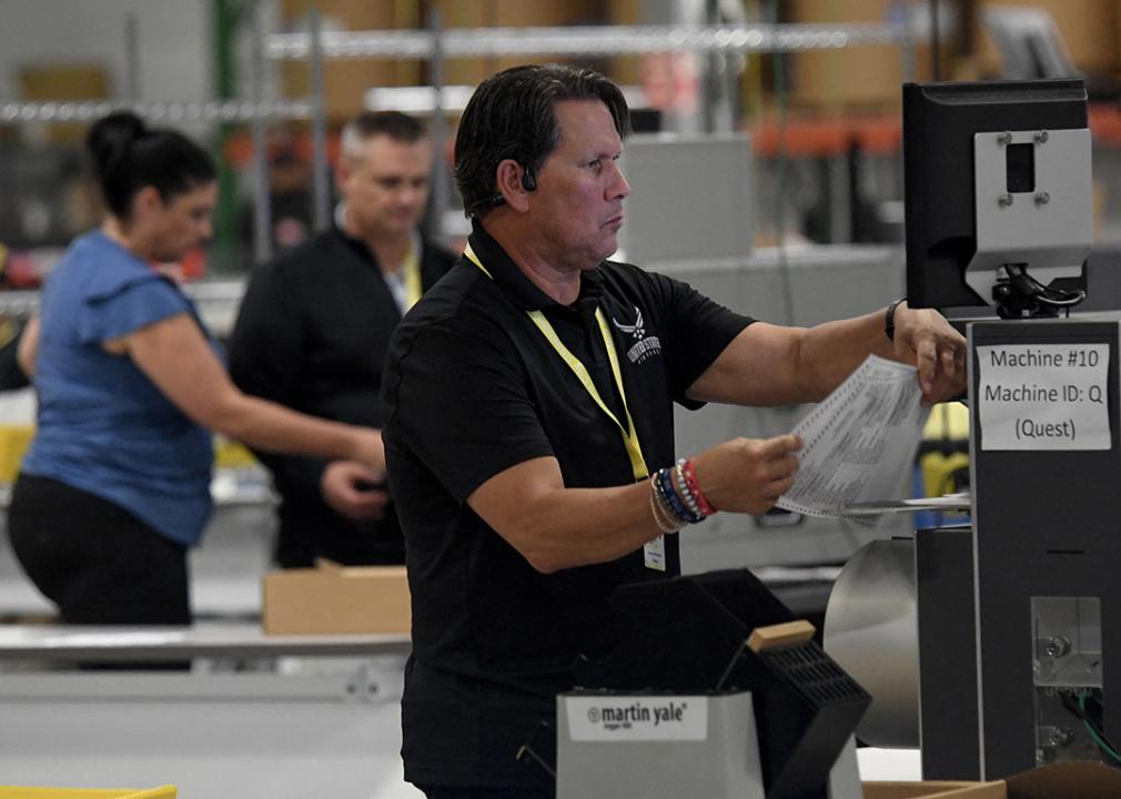 Election workers scan ballots at the scanning stations of the Philadelphia City Commissioners Office and Election Warehouse on Election Day in Philadelphia, Pennsylvania, November 5, 2024.