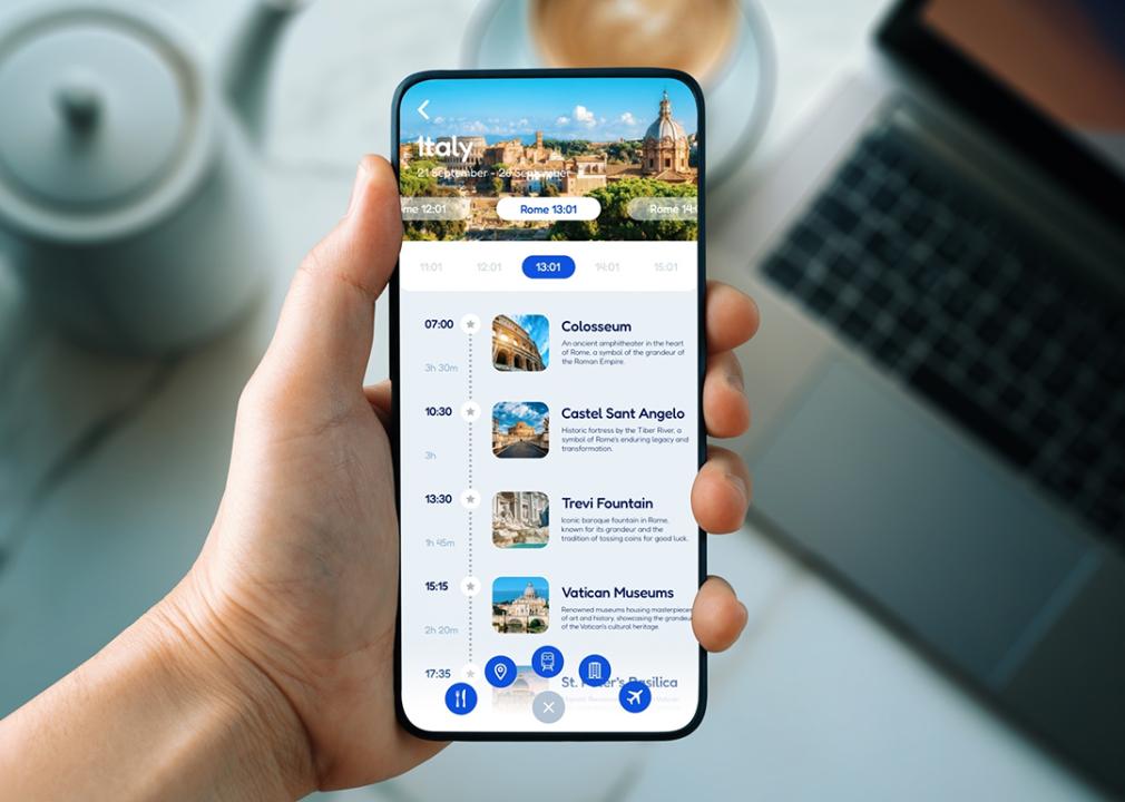 A travel itinerary to Italy is shown on a smartphone.
