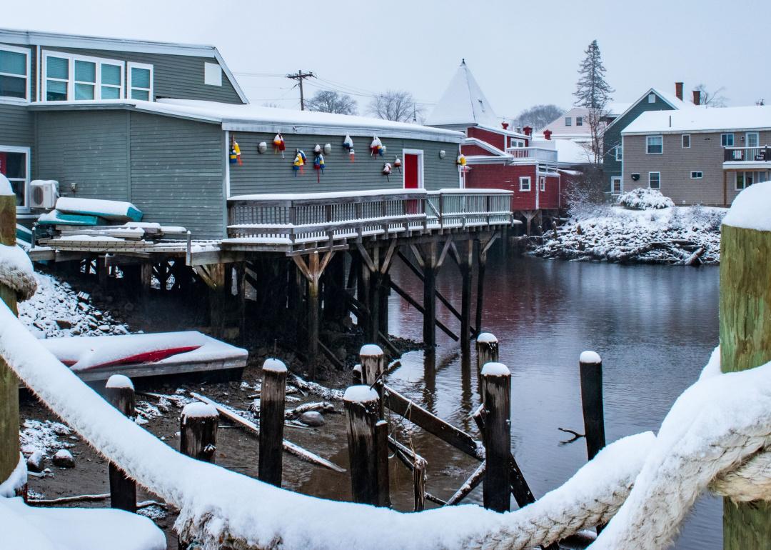 Snowy pier in Kennebunkport Harbor, Maine