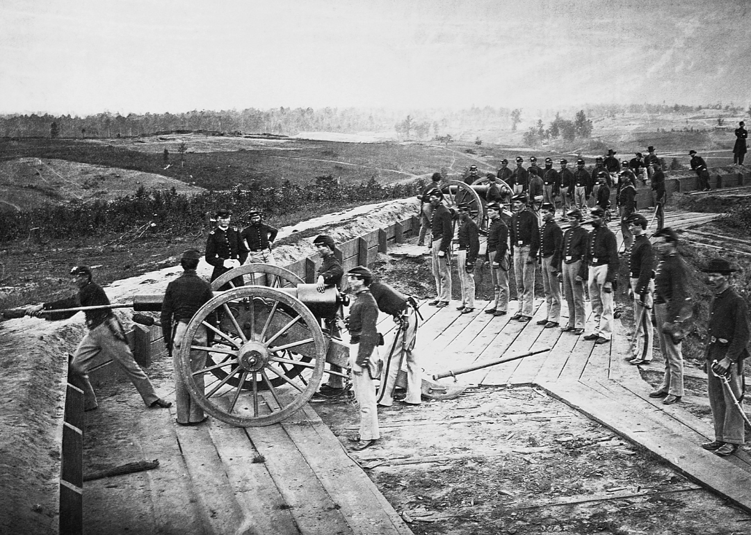General Sherman and Union Troops beside cannon in captured confederate fort near Atlanta.