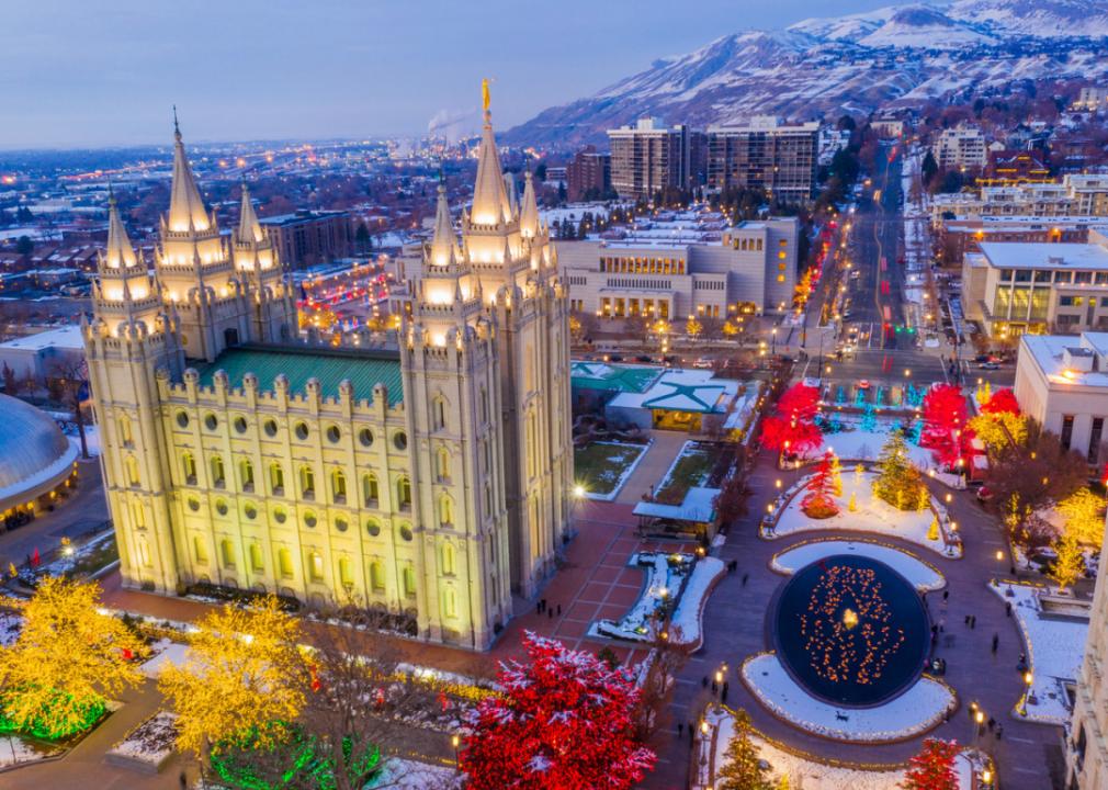 Aerial view of Temple Square at dusk.