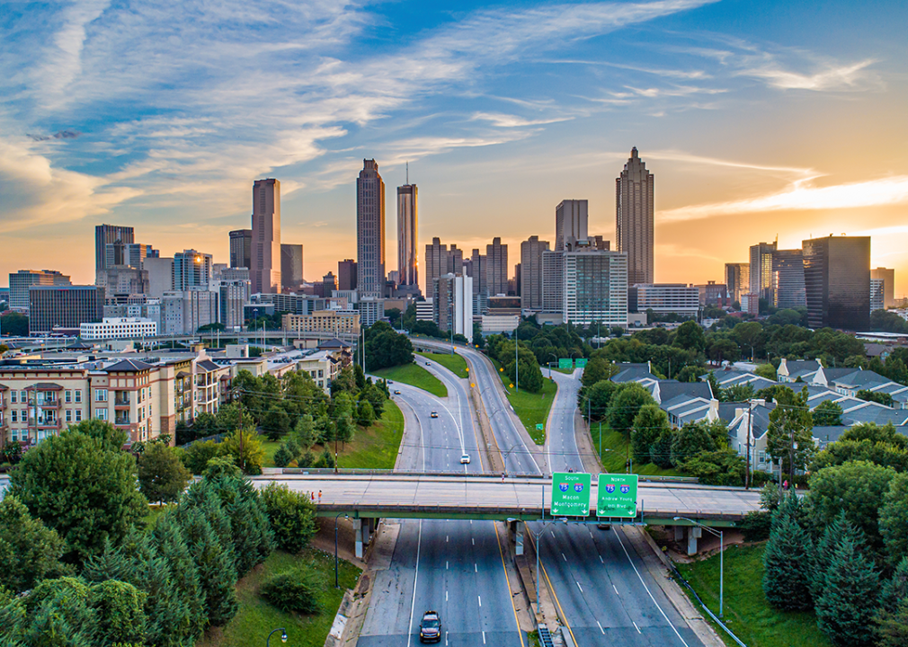 Aerial view of skyline from above Jackson Street Bridge.