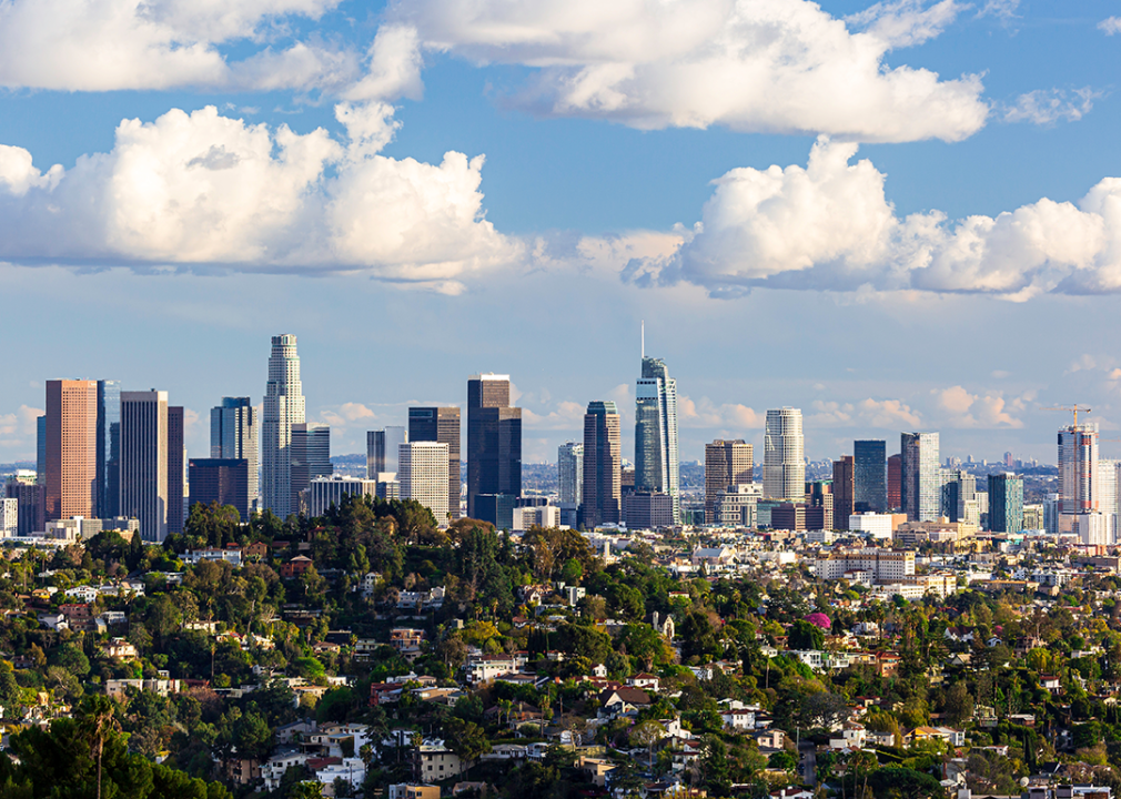 Downtown Los Angeles skyline on clear day.