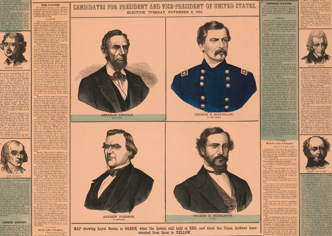 Poster illustrating candidates for President and Vice President in 1864.