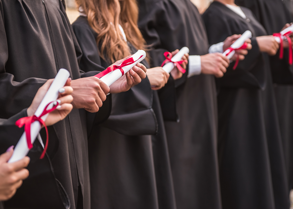 Graduates in black gowns holding diplomas.