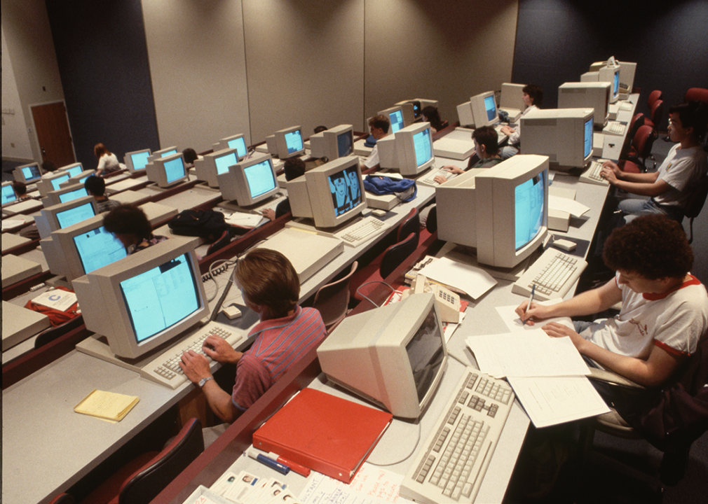 Students working in a computer lab in 1990.