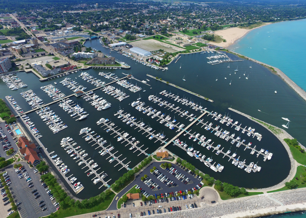 Aerial view of marina and city