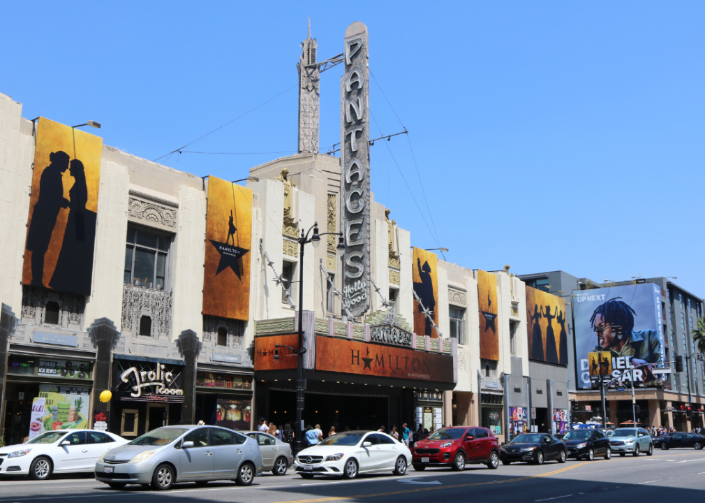 Street view of The Pantages Theatre with marquee for Hamilton.