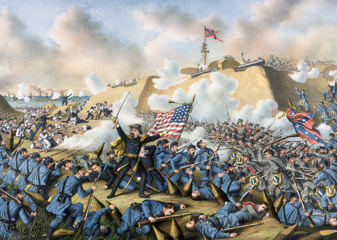 Color illustration of the battle at Fort Fisher.