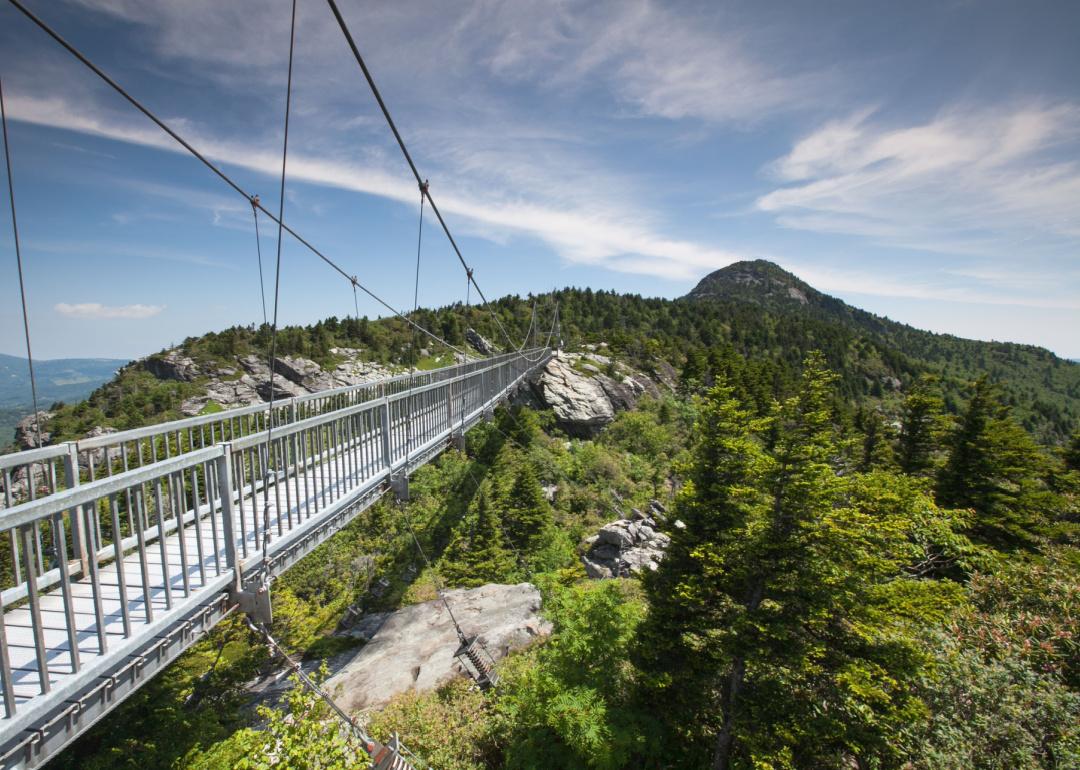 Grandfather Mountain and suspension bridge on clear day.