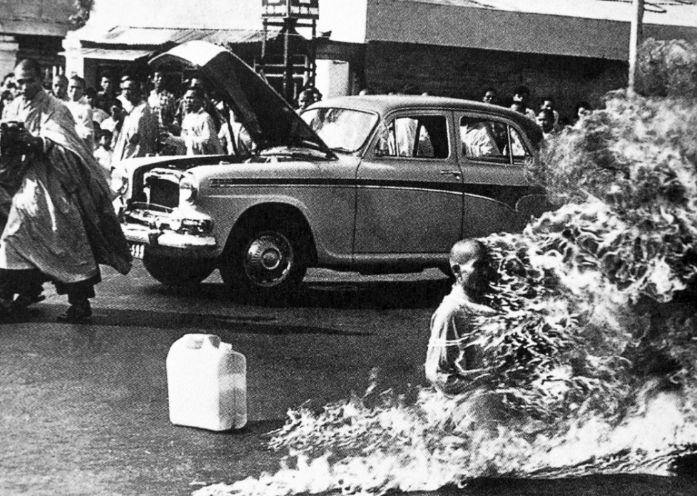 Thich Quang Duc burns himself in protest on the streets of Saigon.