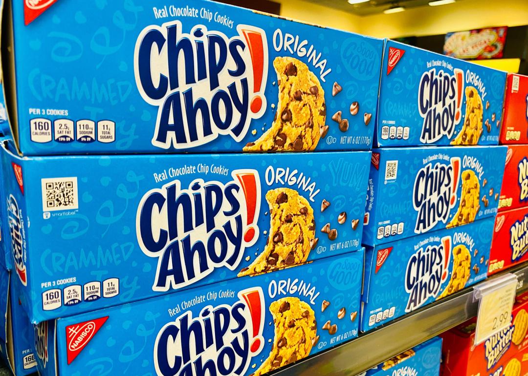 Boxes of Chips Ahoy! Cookies on supermarket shelf.