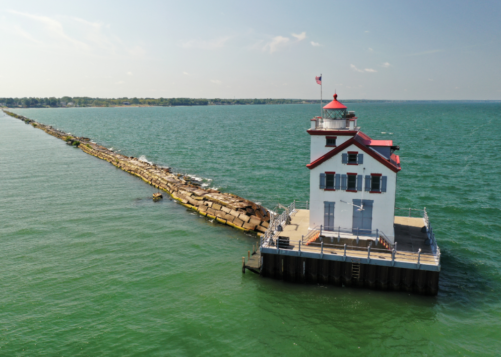 Aerial view of Lorain lighthouse and Lake Erie