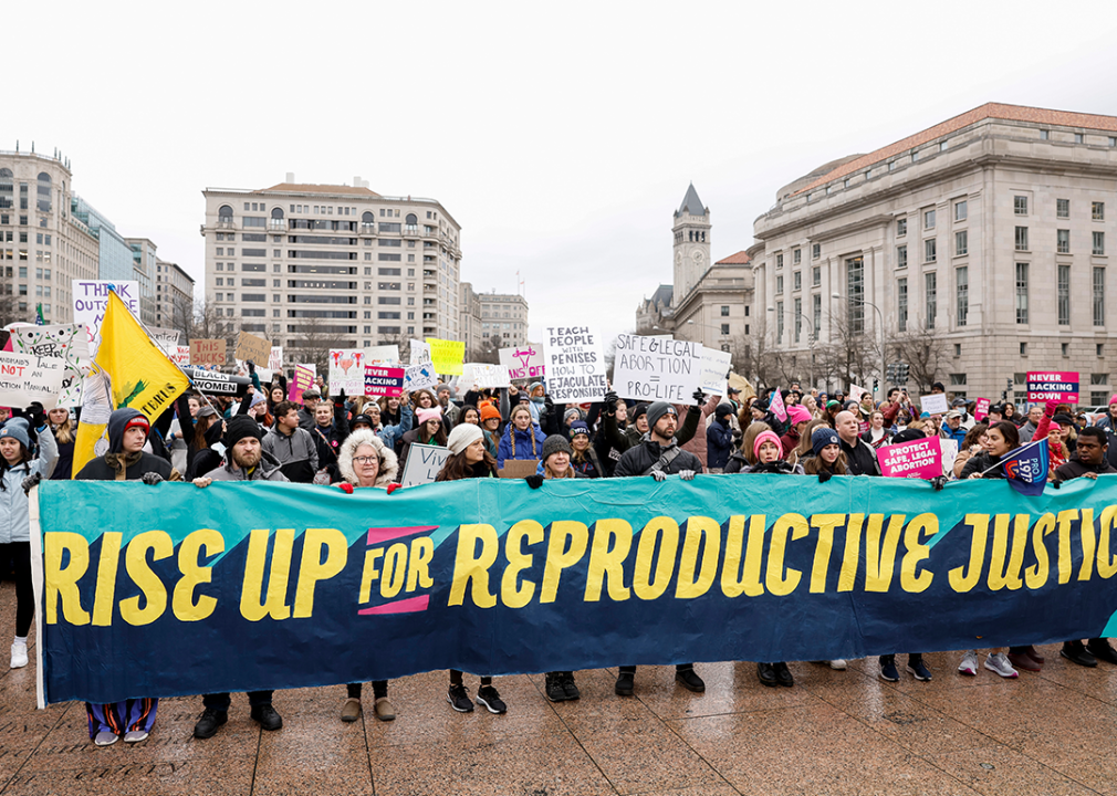 Protesters hold Rise up for reproductive justice banner at National Women’s March.