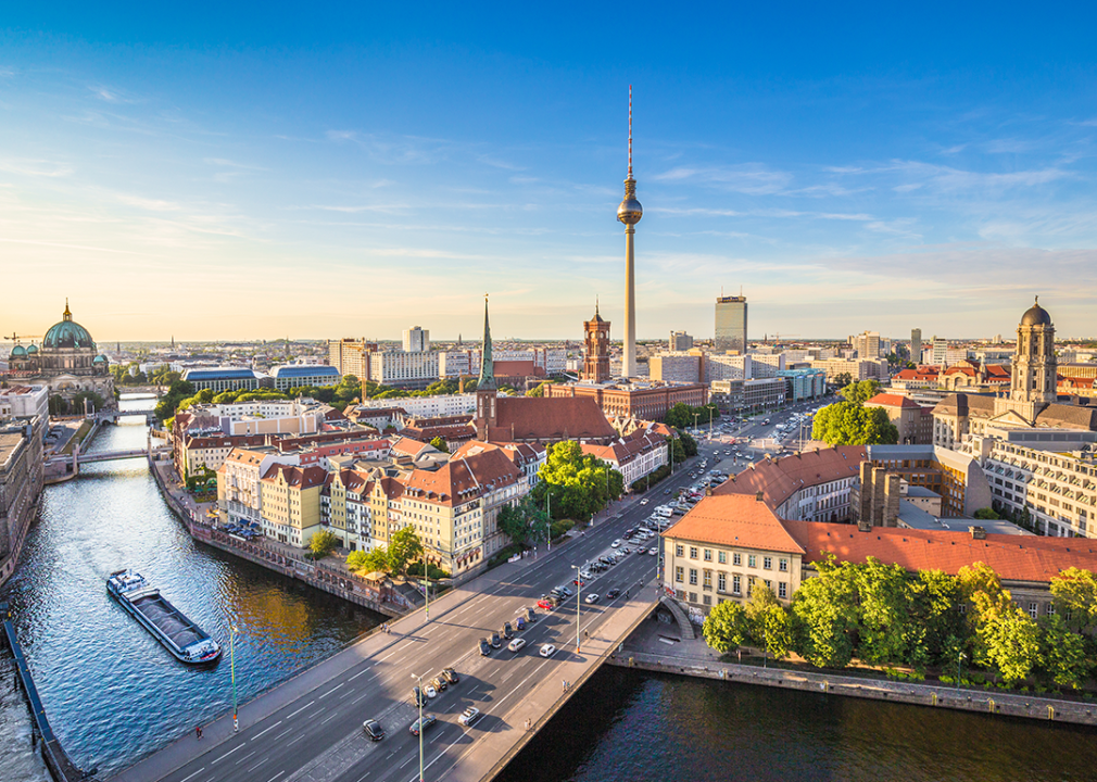 Berlin skyline with tower and Spree river.