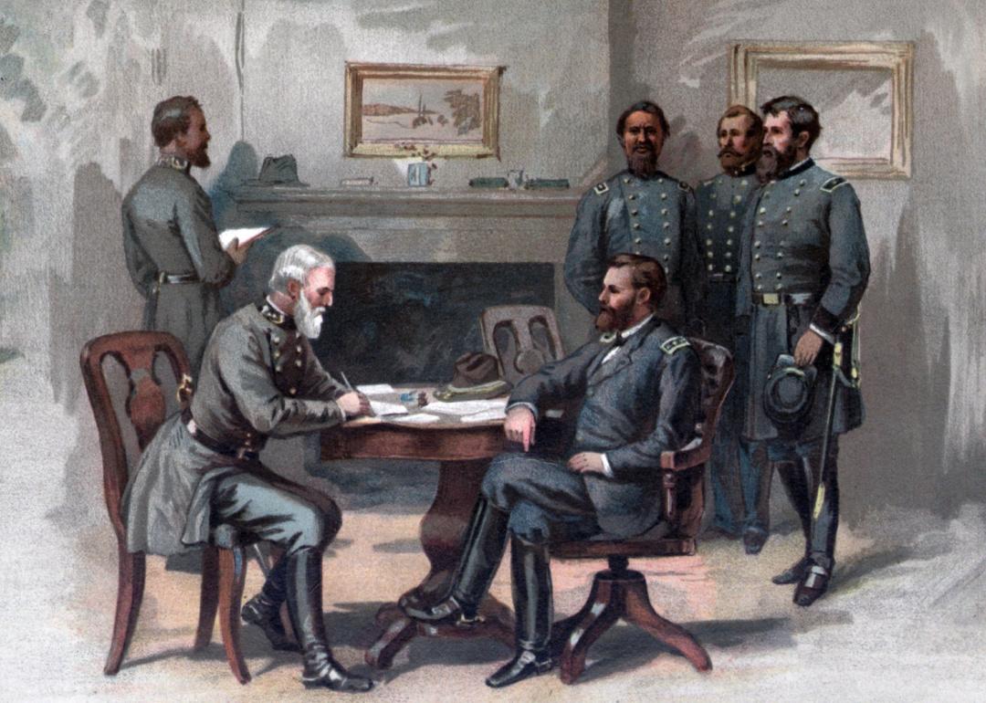 Illustration depicting Robert E. Lee’s surrender at Appomattox.