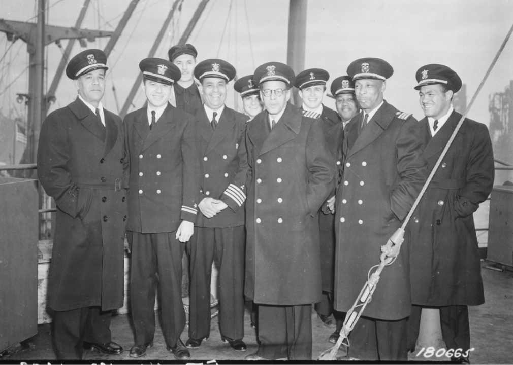  Captain and crew of the SS Booker T Washington on Feb. 8, 1943, with Captain Hugh Mulzac fourth from the left on the first row.