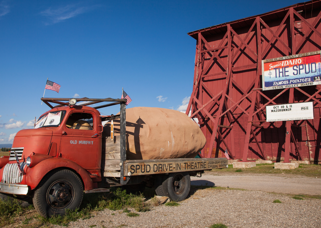 A giant potato on the back of a truck at the Spud Drive-In Theater in Teton Valley.