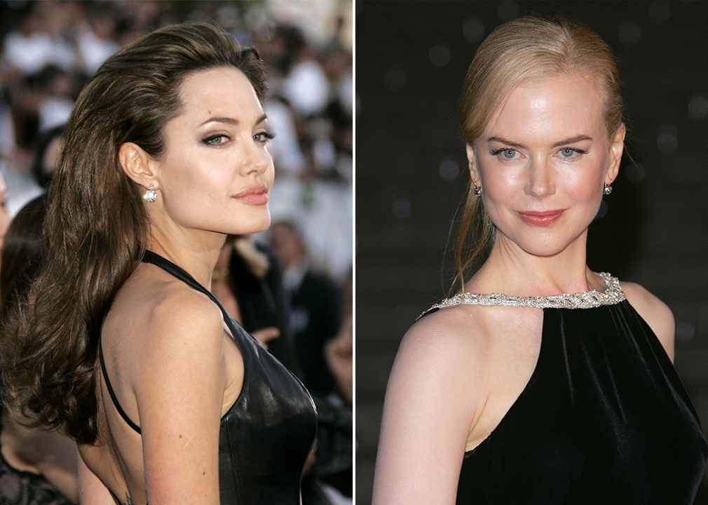 On left, Angelina Jolie at the premiere of ‘Mr. and Mrs. Smith’; on right, Nicole Kidman at Vanity Fair party in 2005.