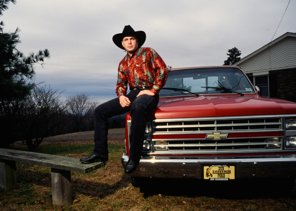 Garth Brooks poses for a portrait on his Chevy truck.
