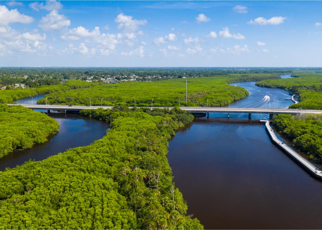 An aerial view overlooking the trees and waters of North River Shores, Florida.