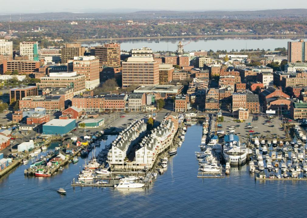 Maine: Cumberland County Aerial Portland harbor and cityscape.