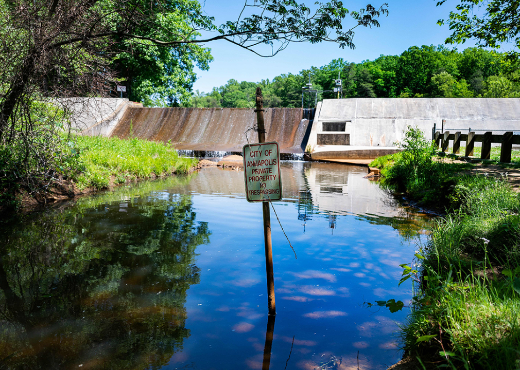 The Annapolis Reservoir Dam with “Private Property No Trespassing” sign in foreground.