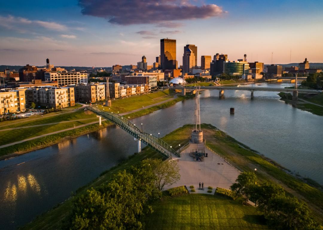Aerial view of Dayton confluence park and bridge at sunset.
