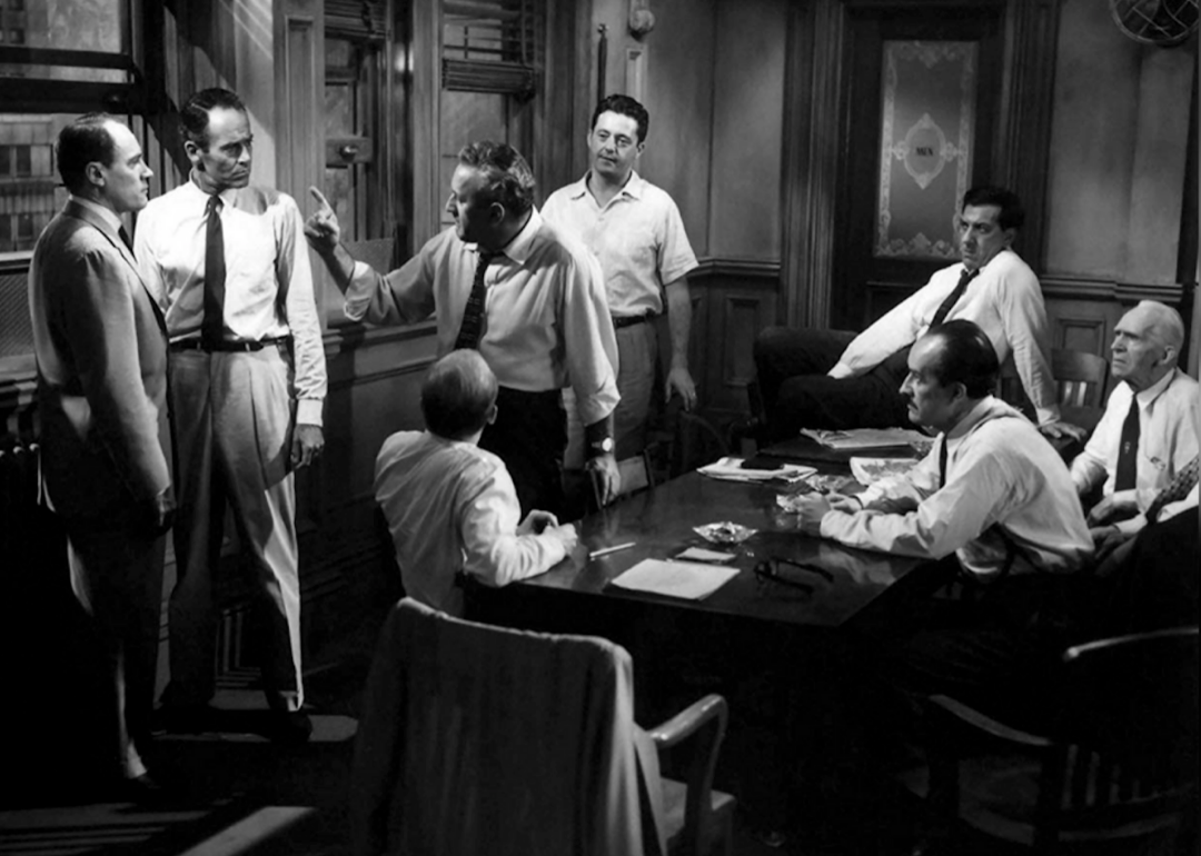 Actors Henry Fonda, Jack Klugman, Lee J. Cobb, Edward Binns, John Fiedler, E.G. Marshall, Joseph Sweeney, and George Voskovec in a scene from ’12 Angry Men.'