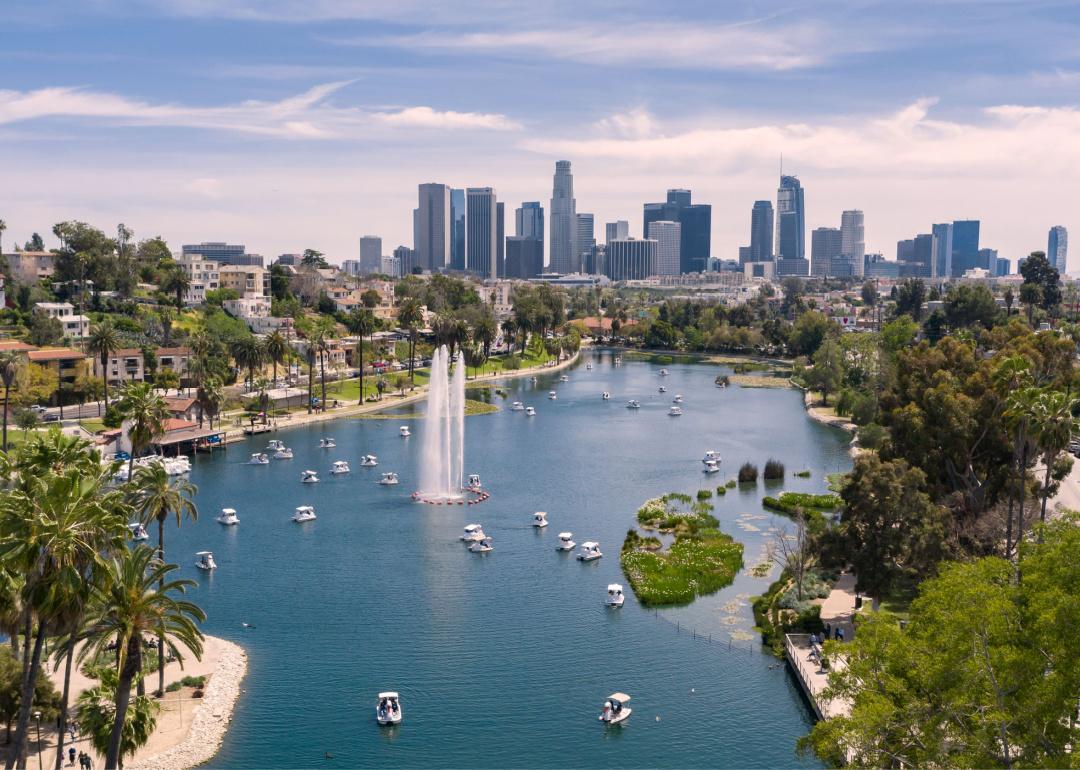 Aerial view of Echo Lake Park with city skyline in the background.