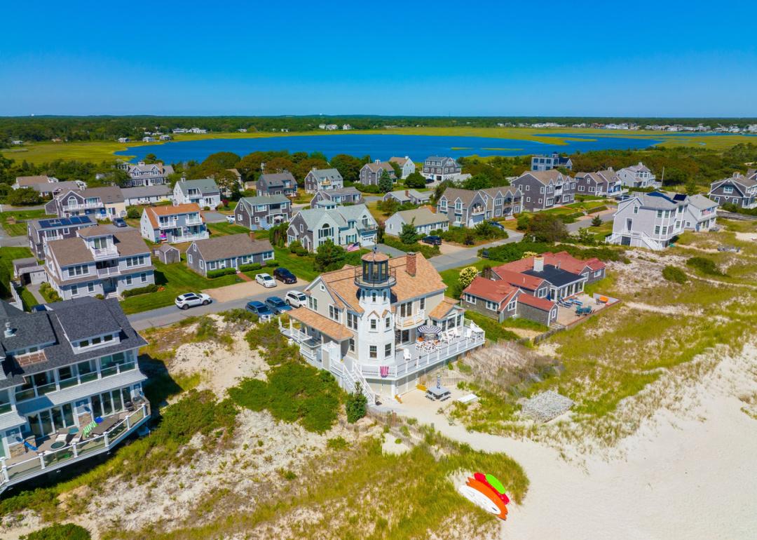 View from lighthouse at Great Island looking at Seagull Beach and homes.