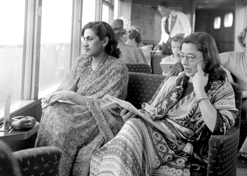 Two women from Pakistan travel on a train in 1953